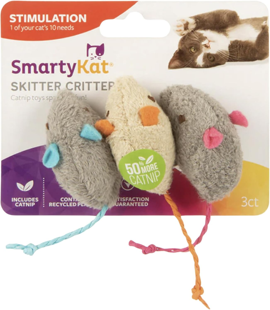 SmartyKat Skitter Critters Catnip Cat Toys – 3 Plush Mice for Interactive Play