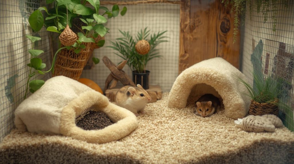 Two hamsters in a cage with bedding, a fuzzy igloo, and some greenery.