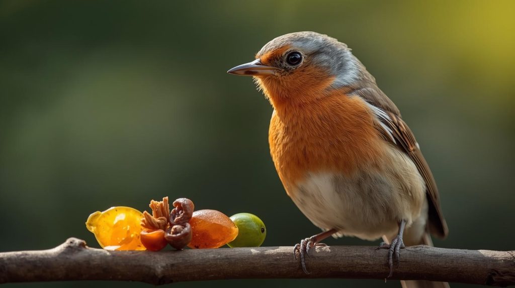 A robin perched on a branch with fruit and nuts.