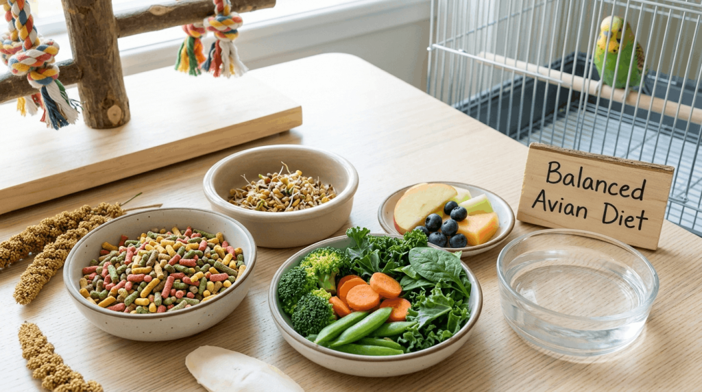 Healthy balanced diet and nutrition for pet birds.