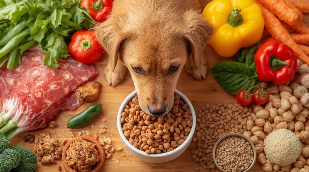 A golden retriever eating kibble surrounded by fresh ingredients.