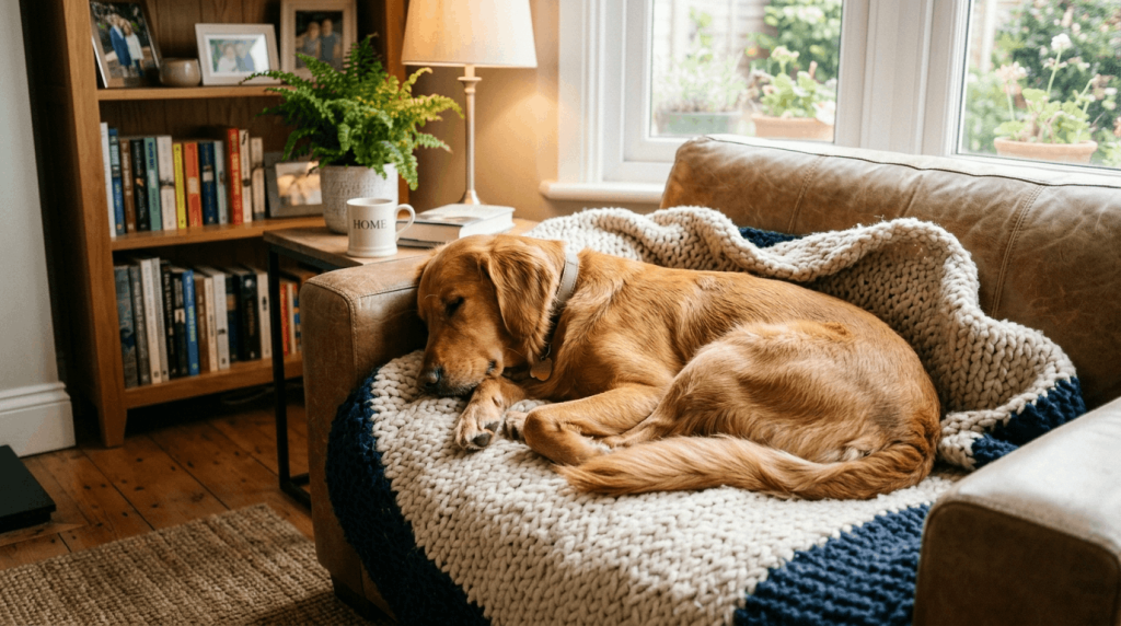 Comfortable and relaxed dog resting peacefully at home.