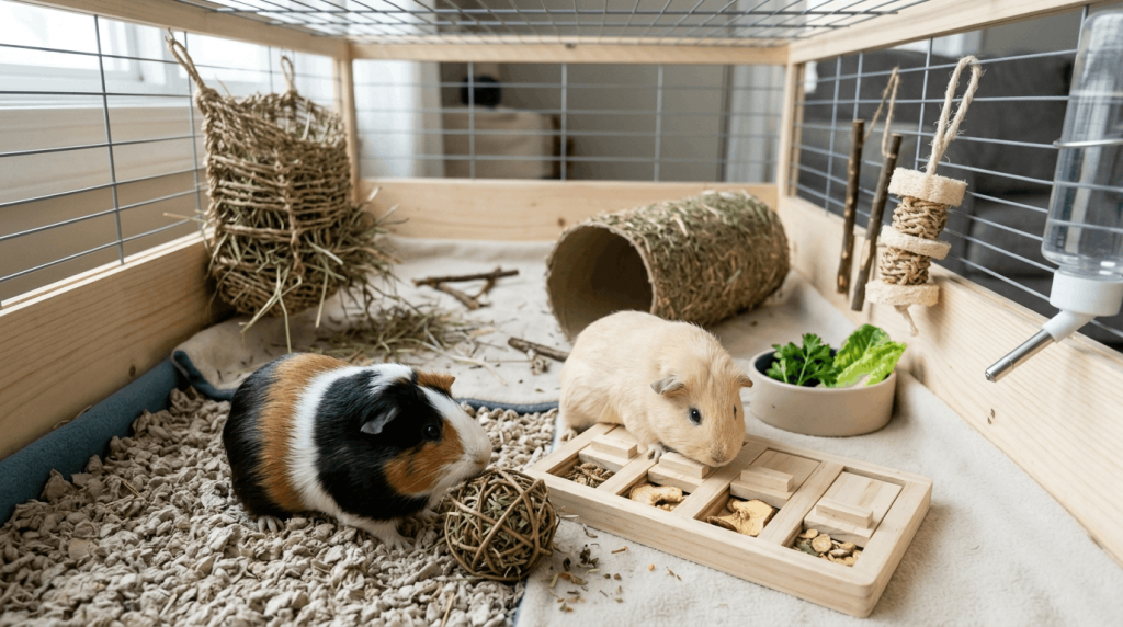 Interactive enrichment toys and activities for small pets.