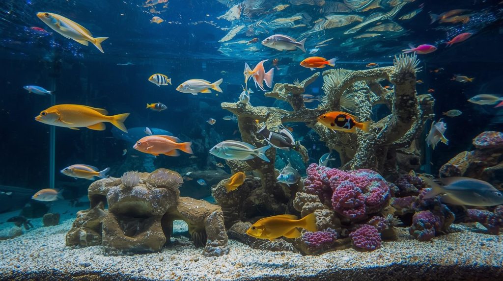 A vibrant aquarium teeming with various colorful fish, coral formations, and rocky structures.