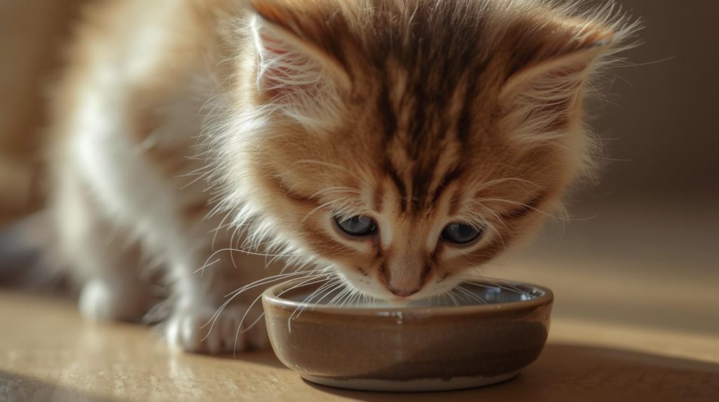 A fluffy ginger kitten with blue eyes drinks from a small brown bowl.