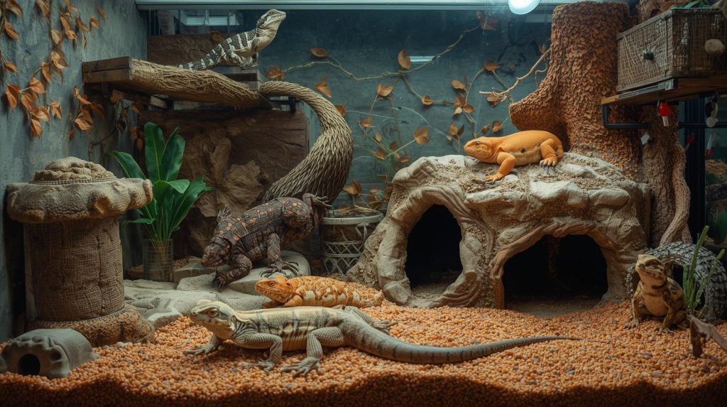 Lizards in a desert-themed terrarium.