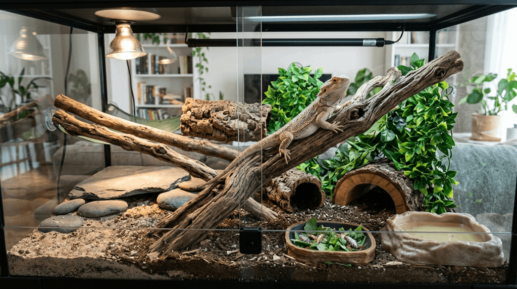 Enriched reptile habitat with natural elements and climbing structures.