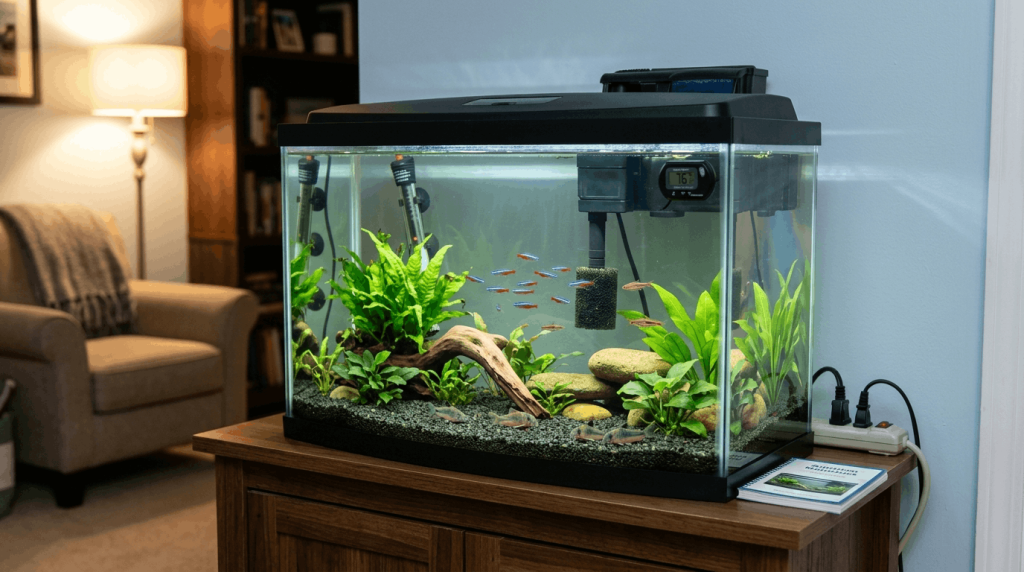 Safe and well-maintained home aquarium setup for fish.