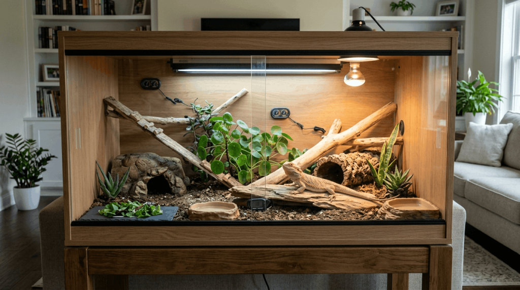 Safe habitat setup and environment for pet reptiles at home