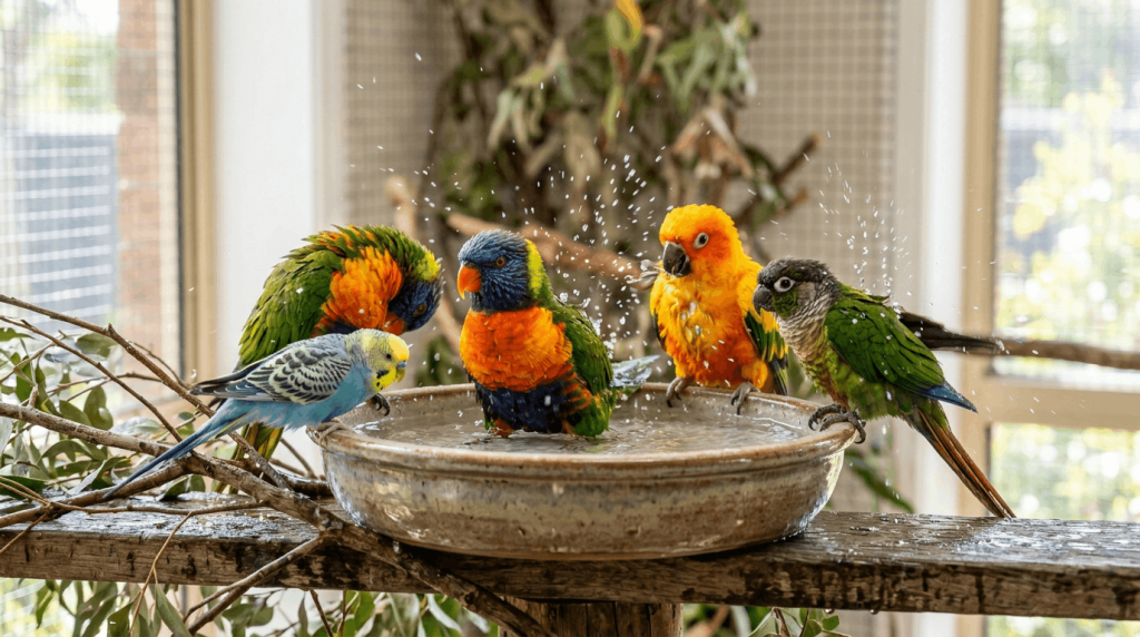 Bathing pet birds splashing and cleaning feathers for grooming hygiene.