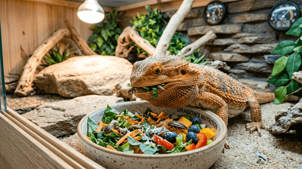 Bearded dragon food with vegetables, insects, and greens.