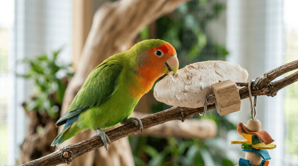 Bird beak care with natural maintenance tools and grooming.