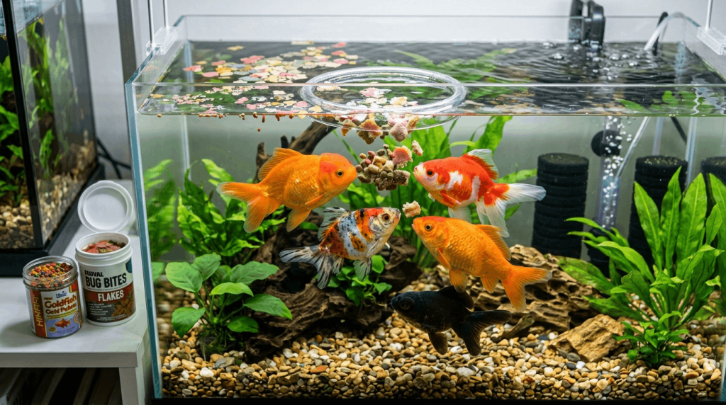 Healthy goldfish diet with quality pellets and optimal nutrition.