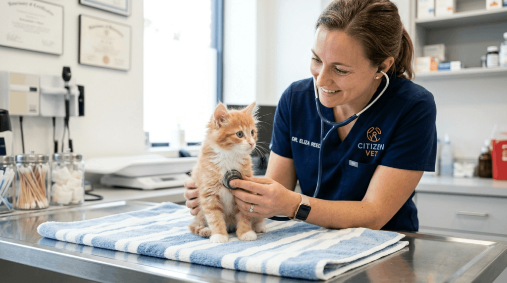 Kitten vet visits with gentle health checkup and care.