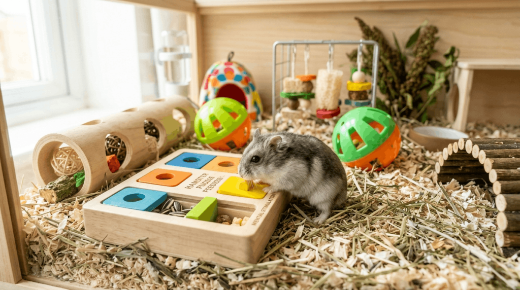 Puzzle toys for small pets with enrichment and mental stimulation.