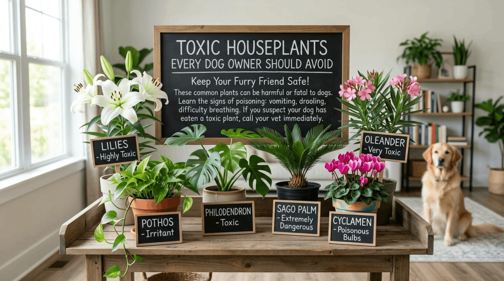 Toxic houseplants to avoid for dog safety including lilies and pothos.
