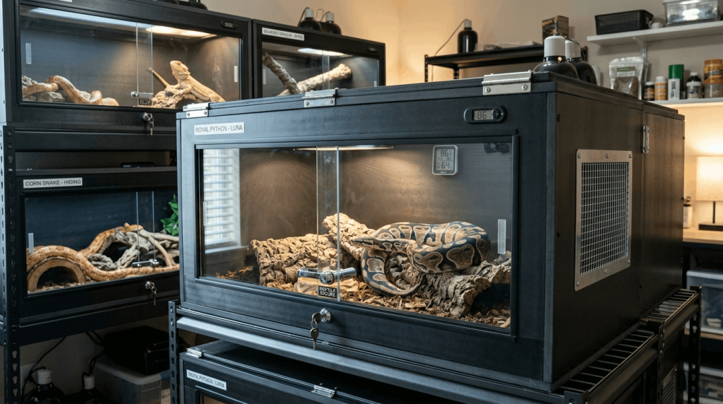 Secure reptile enclosures with proper locks and safe habitat design.