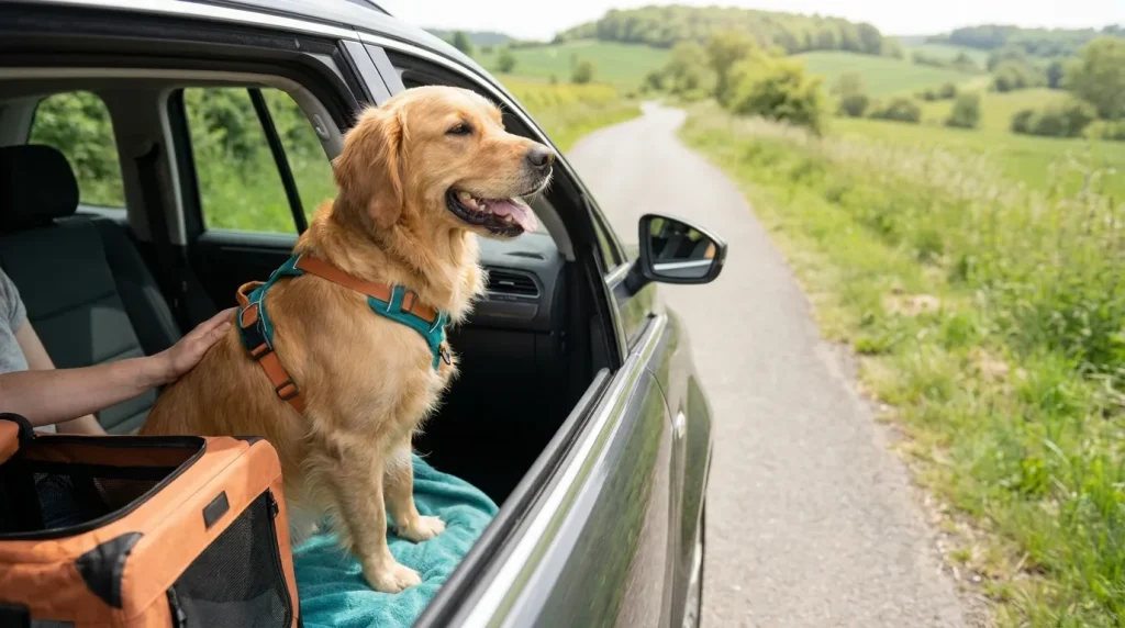 Types of Pets: Happy golden retriever traveling with owner in car, head out window, wearing harness. Stress-free pet travel.